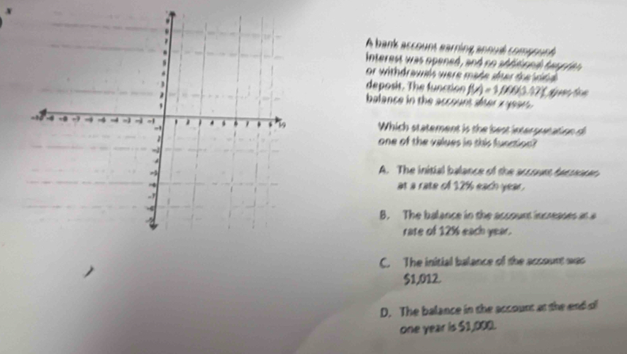 x
A bank account earning annué compount 
interest was opened, and so abbtned ta p p r e 
or withdrauls were mate deer tre vde
deposit. The function f(x)=1,000(5,47)
balance in the accours sher s a 
Which statement is the best intersutation d
one of the values in this function?
A. The initial balance of the accoum becunsen
at a rate of 12% each year.
B. The balance in the account increases an a
rate of 12% each year.
C. The initial balance of the acsount was
$1,012.
D. The balance in the account at the end of
one year is $1,000.