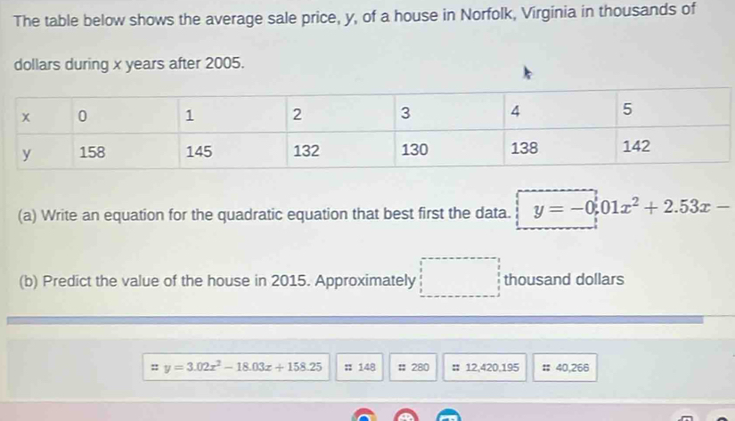 The table below shows the average sale price, y, of a house in Norfolk, Virginia in thousands of 
dollars during x years after 2005. 
(a) Write an equation for the quadratic equation that best first the data. y=-0.01x^2+2.53x-
(b) Predict the value of the house in 2015. Approximately □  thousand dollars 
: y=3.02x^2-18.03x+158.25 ::148 □ =280 =12,420,195 :; 40,266