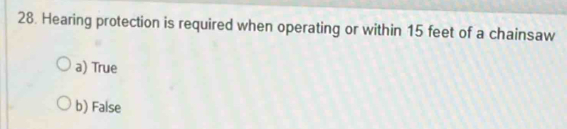 Hearing protection is required when operating or within 15 feet of a chainsaw
a) True
b) False
