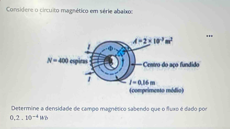 Considere o circuito magnético em série abaixo:
Determine a densidade de campo magnético sabendo que o fluxo é dado por
0,2.10^(-4)Wb