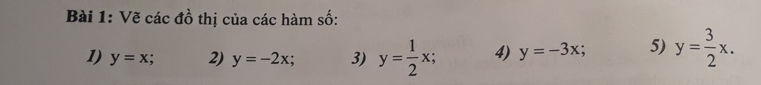 Vẽ các đồ thị của các hàm số: 
1) y=x; 2) y=-2x; 3) y= 1/2 x; 
4) y=-3x; 
5) y= 3/2 x.