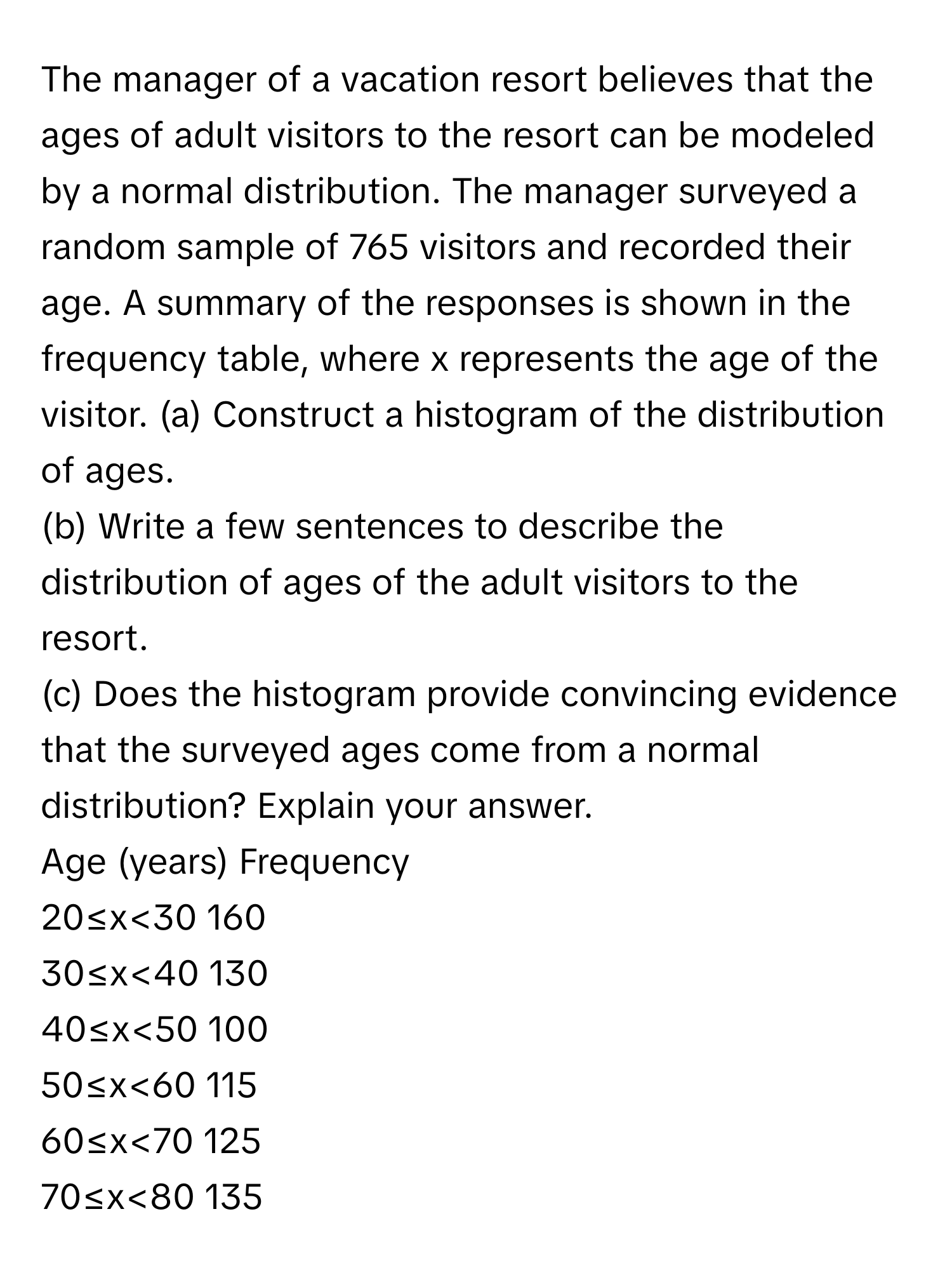 Solved: The manager of a vacation resort believes that the ages of ...