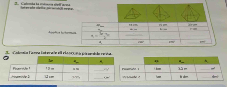 Calcola la misura dellarea
laterale delle piramidi rett
Applica la form
3 Calcola l'area laterale di ciascuna piramide retta