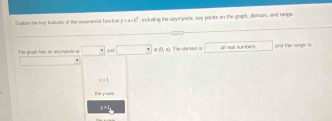 Explain the key features of the exponential function y=a· b^x , including the asymptote, key points on the graph, domain, and range. 
The graph has an asymptote at and at (0,a). The domain is all real numbers. and the range is
x=1
the y-axis
y=1