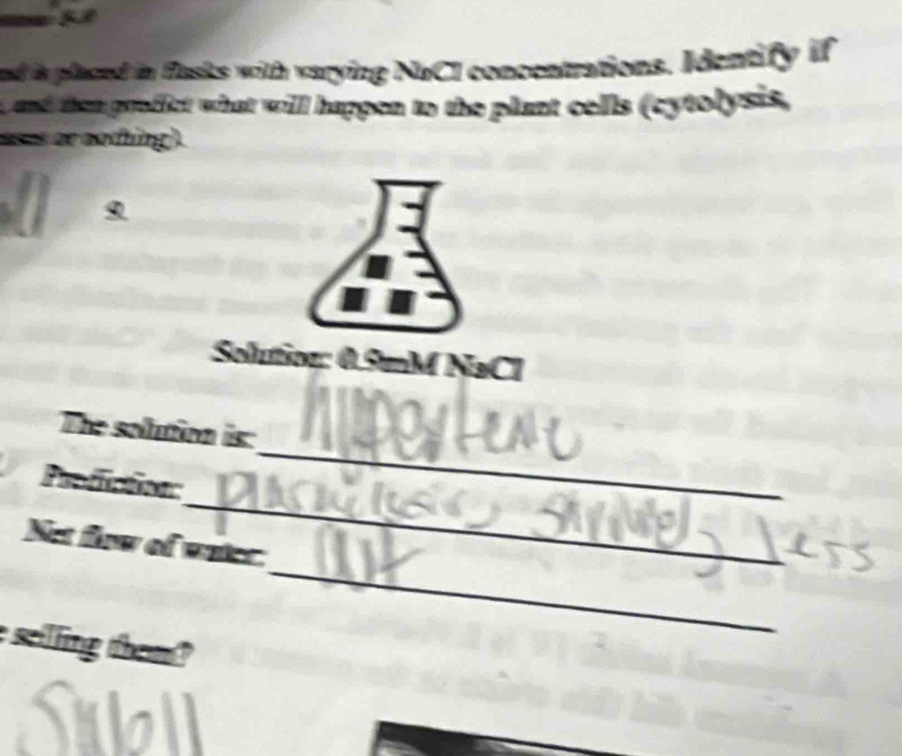 nd is placed in flasks with varying NaCI concentrations. Identify if 
and then prodfct what will happen to the plant cells (cytolysis, 
uses or nothing). 
Q 
Solutioy: 0.9mM NaCl 
_ 
The solution is: 
_ 
Poácior: 
_ 
Net flow of unter: 
seilling them ?