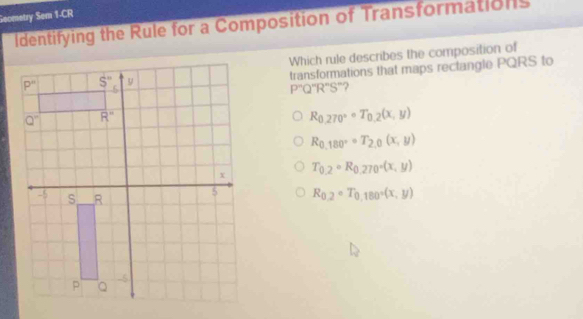 Geometry Sem 1-CR
Identifying the Rule for a Composition of Transformations
Which rule describes the composition of
transformations that maps rectangle PQRS to
P''Q''R''S''
R_0.270°T_0.2(x,y)
R_0,180°=T_2,0(x,y)
T_0.2circ R_0.270°(x,y)
R_0.2=T_0.180°(x,y)