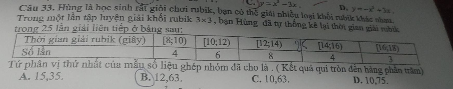 C. y=x^3-3x.
D. y=-x^3+3x.
Câu 33. Hùng là học sinh rất giỏi chơi rubik, bạn có thế giải nhiều loại khối rubík khác nhau,
Trong một lần tập luyện giải khối rubik 3* 3 , bạn Hùng đã tự thống kê lại thời gian giải rubik
trong 25 lần giải liên tiếp ở bảng s
Tứ phâu số liệu ghép nhóm đã cho là . ( Kết quả qui tròn đến hàng phần trăm)
A. 15,35. B. 12,63. C. 10,63. D. 10,75.