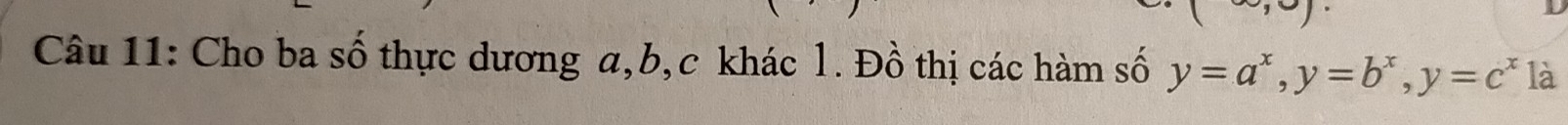 Cho ba số thực dương a, b, c khác 1. Đồ thị các hàm số y=a^x, y=b^x, y=c^x là