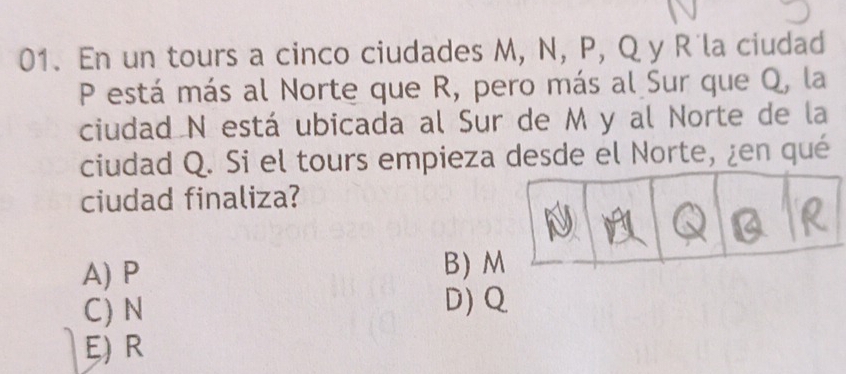 En un tours a cinco ciudades M, N, P, Q y R' la ciudad
P está más al Norte que R, pero más al Sur que Q, la
ciudad N está ubicada al Sur de M y al Norte de la
ciudad Q. Si el tours empieza desde el Norte, ¿en qué
ciudad finaliza?
A) P B)
C) N D) Q
E) R