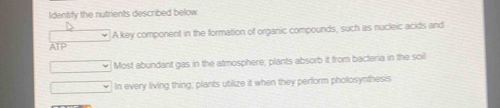 Identify the nutrients described below.
A key component in the formation of organic compounds, such as nucleic acids and
ATP
Most abundant gas in the atmosphere; plants absorb it from bacteria in the soil
In every living thing; plants utilize it when they perform photosynthesis