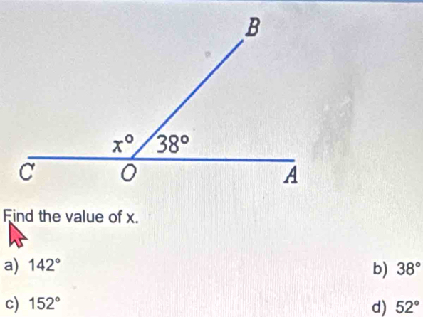 Find the value of x.
a) 142° 38°
b)
c) 152° d) 52°