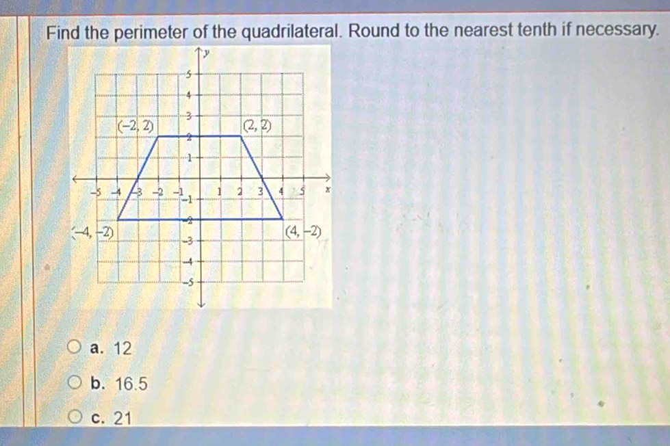 a. 12
b. 16.5
c. 21