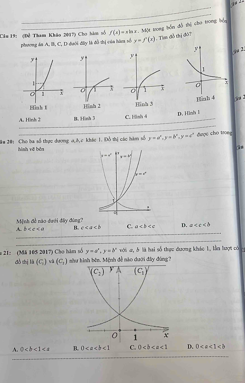 (Đề Tham Khảo 2017) Cho hàm số f(x)=xln x. Một trong bốn đồ thị cho trong bốn
phương án A, B, C, D dưới đây là đồ thị của hàm số y=f'(x). Tìm đồ thị đó?
âu  23
Câu 2
D. Hình 1
A. Hình 2 B. Hình 3 C. Hình 4
_
ầu 20: Cho ba số thực dương a,b,c khác 1. Đồ thị các hàm số y=a^x,y=b^x,y=c^x được cho trong
hình vẽ bên
Câu
Mệnh đề nào dưới đây đúng?
_
A. b B. c C. a D. a
_
_
_
_
21: (Mã 105 2017) Cho hàm số y=a^x,y=b^x với a, b là hai số thực dương khác 1, lần lượt có
đồ thị là (C_1) và (C_2) như hình bên. Mệnh đề nào dưới đây đúng?
A. 0 B. 0<1</tex> C. 0<1</tex> D. 0
_
_