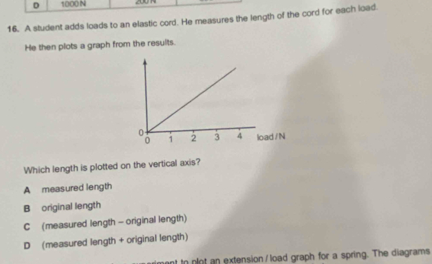 1000 N 200 R
16. A student adds loads to an elastic cord. He measures the length of the cord for each load.
He then plots a graph from the results.
Which length is plotted on the vertical axis?
A measured length
B original length
C (measured length - original length)
D (measured length + original length)
iment to nlot an extension / load graph for a spring. The diagrams