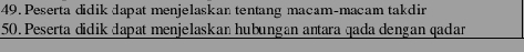 Peserta didik dapat menjelaskan tentang macam-macam takdir 
50. Peserta didik dapat menjelaskan hubungan antara qada dengan qadar
