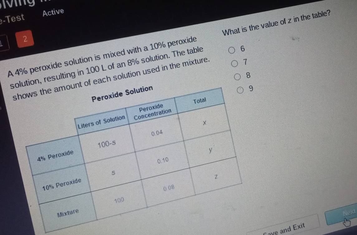 Test Active
2
A 4% peroxide solution is mixed with a 10% peroxide What is the value of z in the table?
1
resulting in 100 L of an 8% solution. The table
6
8
ach solution used in the mixture 
ext
Coye and Exit