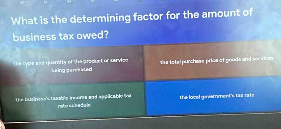 What is the determining factor for the amount of
business tax owed?
the type and quantity of the product or service
the total purchase price of goods and services
being purchased
the business's taxable income and applicable tax
the local government's tax rate
rate schedule