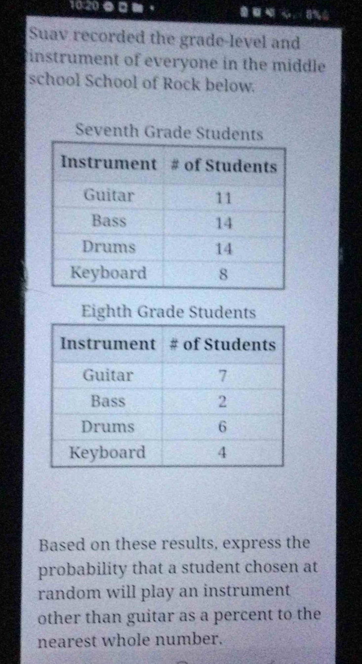 10:20 ● ■ 8% 
a a 
Suav recorded the grade-level and 
instrument of everyone in the middle 
school School of Rock below. 
Seventh Grade St 
Eighth Grade Students 
Based on these results, express the 
probability that a student chosen at 
random will play an instrument 
other than guitar as a percent to the 
nearest whole number.