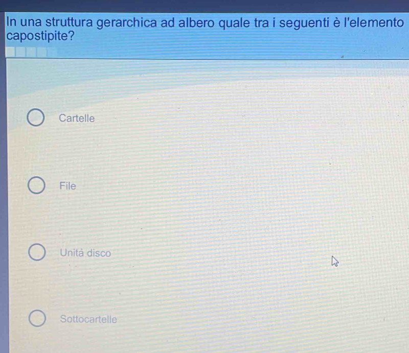 In una struttura gerarchica ad albero quale tra i seguenti è l'elemento
capostipite?
Cartelle
File
Unità disco
Sottocartelle