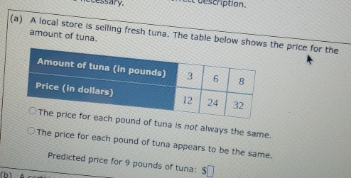 cessary t escription. 
(a) A local store is selling fresh tuna. The table below shows the price for the amount of tuna. 
und of tuna is not always the same. 
The price for each pound of tuna appears to be the same. 
Predicted price for 9 pounds of tuna: $□
(b)