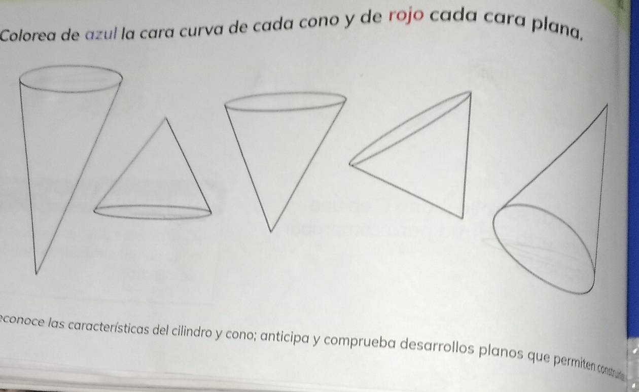 Colorea de azul la cara curva de cada cono y de rojo cada cara plana, 
econoce las características del cilindro y cono; anticipa y comprueba desarrollos planos que permiten constra