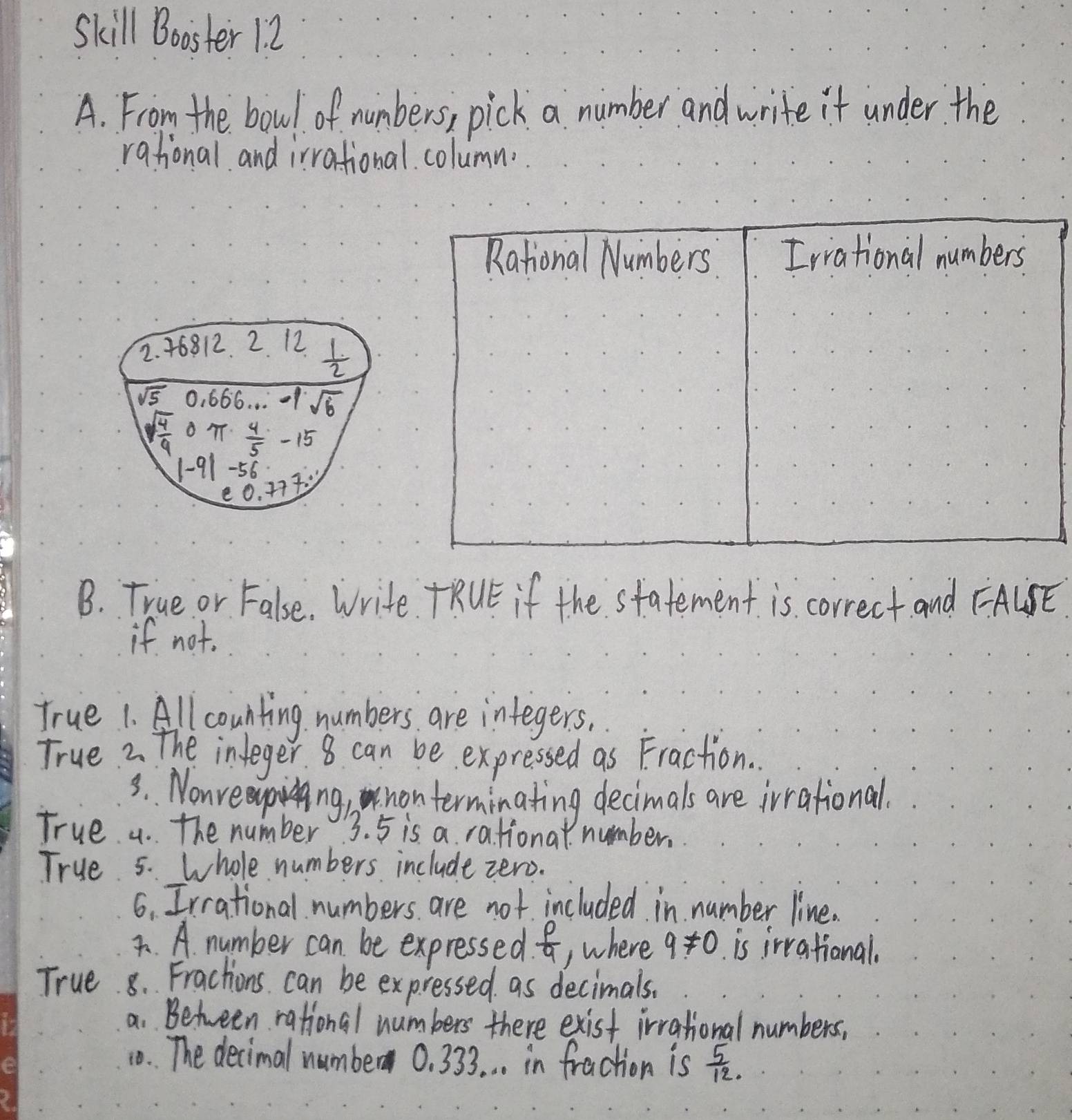 Skill Boaster 1. 2 
A. From the bowl of numbers, pick a number and write it under the 
rational and irrational. column. 
2. 6812. 2. 12  1/2 
sqrt(5)0.666·s -1sqrt(6)
sqrt(frac 4)9 0π  4/5 -15
|-9|-56
e0. 177 
B. True or False. Write. TRUE if the statement is correct and FAUE 
if not. 
True 1. Allcounting numbers are integers, 
True 2 The integer 8 can be expressed as Fraction. 
3. Nonre inng, nonterminating decimals are irrational. 
True . The number 3. 5 is a rational number. 
True 5. whole numbers include zero. 
6. Irrational numbers are not included in number line. 
4.. A. number can be expressed  p/9  ,where q!= 0 is irrational. 
True 8. Fractions can be expressed as decimals. 
a. Between rational numbers there exist irrational numbers, 
10. The decimal number 0. 333. . . in fraction is  5/12 