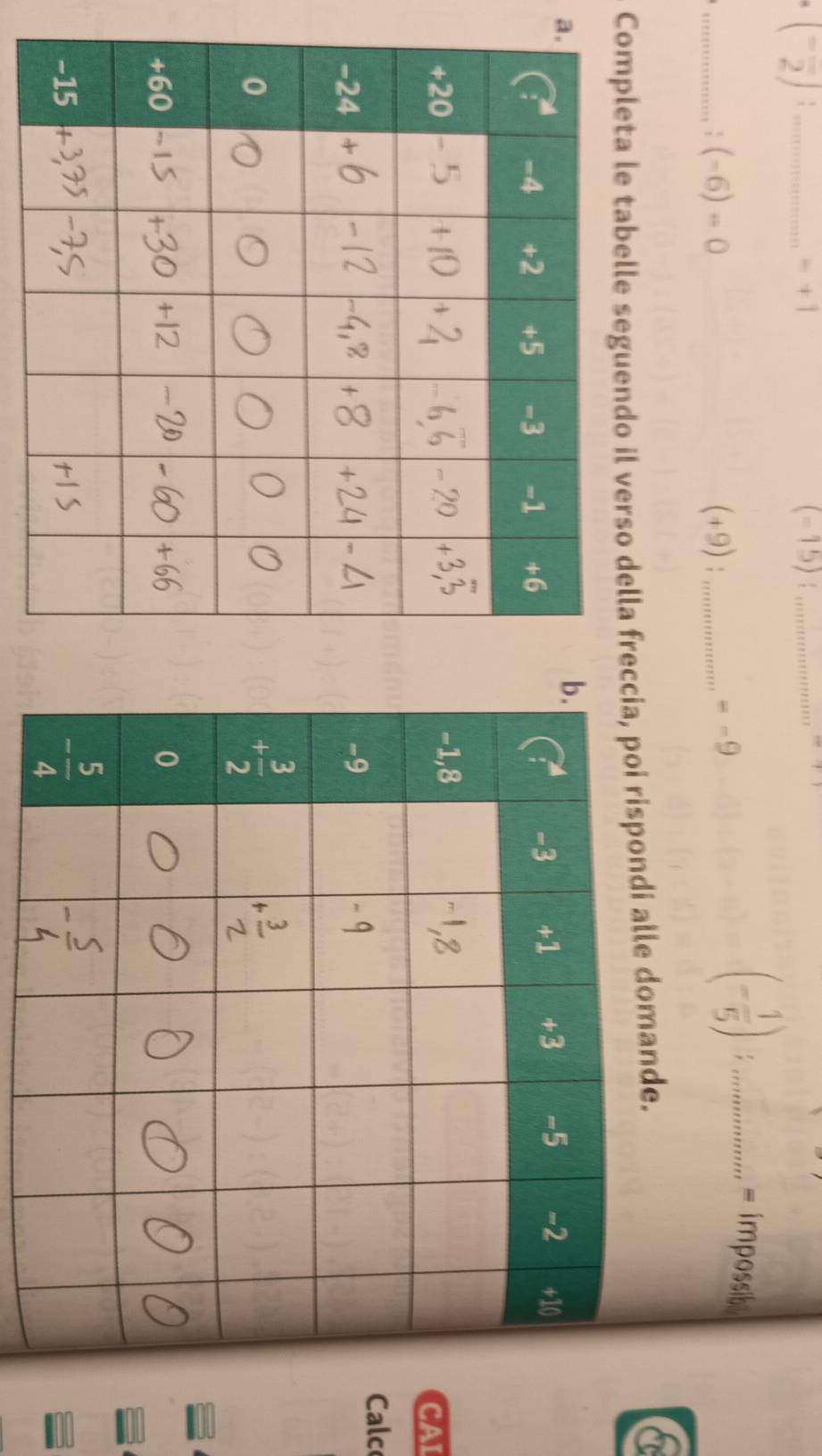 =+1
(-frac 2)._ (-15)_
·s 1
_! (-6)=0 (+9):_
=-9
_ (- 1/5 )
、 impossibi
Completa le tabelle seguendo il verso della freccia, poi rispondi alle domande.
a
a
CAI
Calc