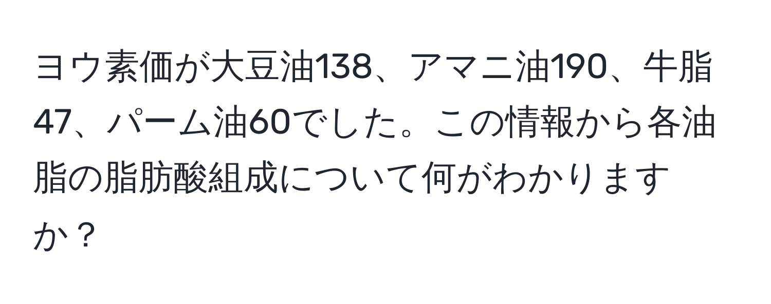 ヨウ素価が大豆油138、アマニ油190、牛脂47、パーム油60でした。この情報から各油脂の脂肪酸組成について何がわかりますか？