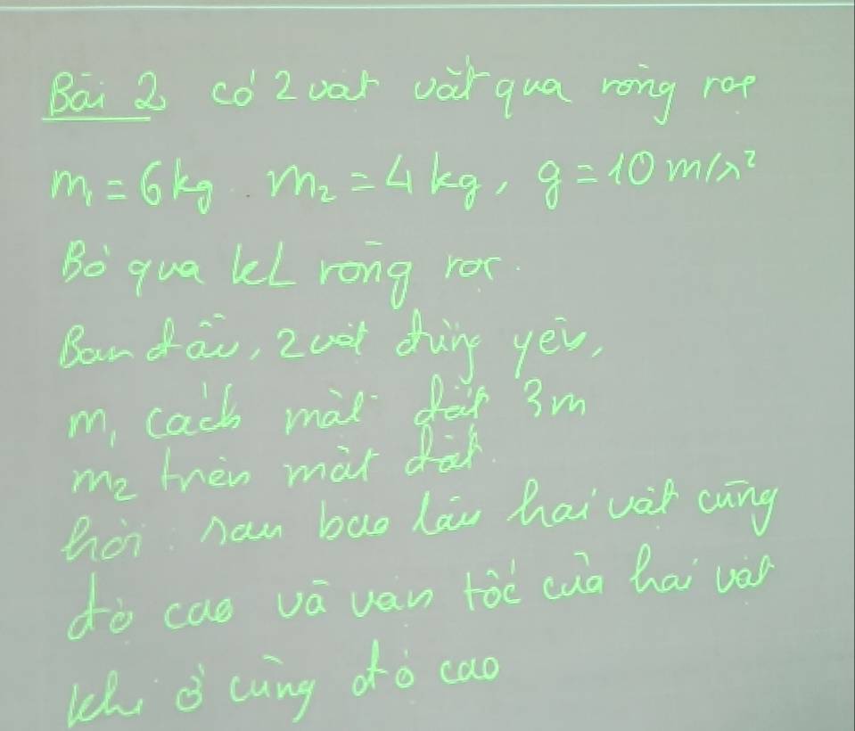 BeB eo Roet edrgua rong mo
m_1=6kg· m_2=4kg· g=10m/s^2
Bo qua el rong le 
Bea doo, 2ot on yeu 
m cach mal der 3m
me hnen mat dk 
hher nam bao law haivot cung 
dó co vávan lǒé càn bài ve 
l ǒ ang dǎo cao