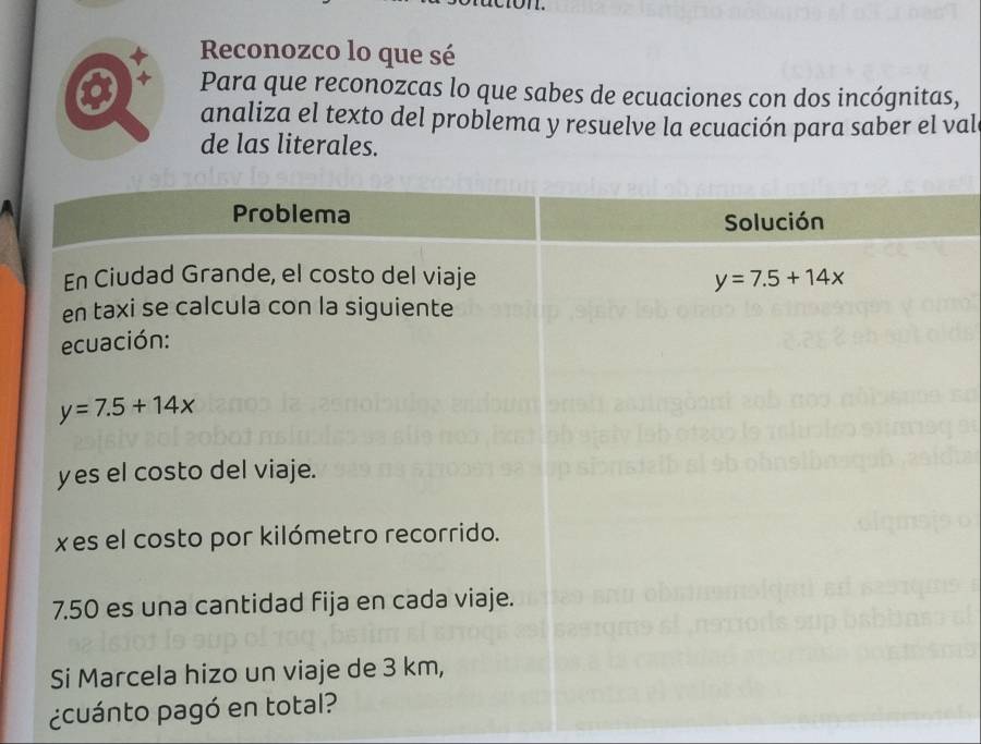 Reconozco lo que sé
Para que reconozcas lo que sabes de ecuaciones con dos incógnitas,
analiza el texto del problema y resuelve la ecuación para saber el val
de las literales.
¿cuánto