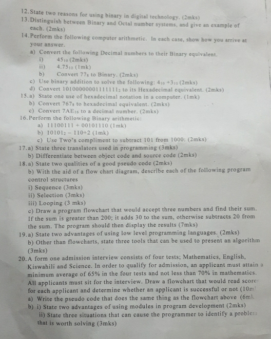 State two reasons for using binary in digital technology. (2mks)
13.Distinguish between Binary and Octal number systems, and give an example of
each. (2mks)
14.Perform the following computer arithmetic. In each case, show how you arrive at
your answer.
a) Convert the following Decimal numbers to their Binary equivalent.
i) 451 (2mks)
ii) 4.75₁ (1mk)
b) Convert 77s to Binary. (2mks)
c) Use binary addition to solve the following: 4_10+3_10 (2 mks)
d) Convert 10100000001111111₂ to its Hexadecimal equivalent. (2mks)
15.a) State one use of hexadecimal notation in a computer. (1mk)
b) Convert 767s to hexadecimal equivalent. (2mks)
c) Convert 7AE₁ to a decimal number. (2mks)
16.Perform the following Binary arithmetic:
a) 11100111+00101
01110 (1mk)
b ) 10101_2-110+2 (1mk)
c) Use Two’s compliment to subtract 101 from 1000: (2mks)
17.a) State three translators used in programming (3mks)
b) Differentiate between object code and source code (2mks)
18.a) State two qualities of a good pseudo code (2mks)
b) With the aid of a flow chart diagram, describe each of the following program
control structures
i) Sequence (3mks)
ii) Selection (3mks)
iii) Looping (3 mks)
c) Draw a program flowchart that would accept three numbers and find their sum.
If the sum is greater than 200; it adds 30 to the sum, otherwise subtracts 20 from
the sum. The program should then display the results (7mks)
19.a) State two advantages of using low level programming languages. (2mks)
b) Other than flowcharts, state three tools that can be used to present an algorithm
(3mks)
20.A form one admission interview consists of four tests; Mathematics, English,
Kiswahili and Science. In order to qualify for admission, an applicant must attain a
minimum average of 65% in the four tests and not less than 70% in mathematics.
All applicants must sit for the interview. Draw a flowchart that would read score
for each applicant and determine whether an applicant is successful or not (10m'
a) Write the pseudo code that does the same thing as the flowchart above (6m.
b) i) State two advantages of using modules in program development (2mks)
ii) State three situations that can cause the programmer to identify a problem
that is worth solving (3mks)