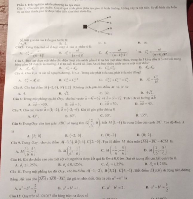 Phần I. Trắc nghiệm nhiều phương ăn lựa chọn
Câu 1. Cho kiêu gen AaBb. Giả sử quả trình giám phần tạo giao từ bình thường, không xây ra đột biển. Sơ đồ hình cây biểu
thị sự hình thành giao tử được biểu diễn như hình dưới đây.
B
A
b
B
a
b
Số loại giao từ của kiểu gen AaBb là:
A.]4. B. 2 C. 8. D. 16
Câu 2. Công thức tính số tổ hợp chập k của n phần từ là
A. C_n^(4=frac n!)(n-k)! B. A_n^(r=frac n!)(n-k)! C. A_n^(t=frac n!)(n-k)!k! D. C_n^(k=frac n!)(n-k)!k!
Câu 3. Ban An chọn mật khẩu cho điện thoại của minh gồm 6 kí tự đội một khác nhau, trong đó 3 kí tự đầu là 3 chữ cái trong
bảng gồm 24 chữ cái in thường, 3 kí tự cuối là chữ số. Bạn An có bao nhiều cách tạo ra một mật khẩu?
A. A_n^(2,A_n^2 B. A_(24)^1+A_(13)^3 C. C_(11)^3.C_(15)^1 D. A_(24)^3.A_(10)^3
Câu 4. Cho k, π là các số nguyên dương, k≤ n Trong các phát biểu sau, phát biểu nào đùng?
A. C_n^4=A_n^4k! B. C_n^k=C_n^(n-k). C. C_(n-1)^(k-1)+C_n^(k-1)=C_n^k. D. A_s^4=frac (C_s)^4)k!.
Câu 5. Cho hai điểm M(-2;6),N(2;2). Khoáng cách giữa hai điểm M và N là:
A. 4. B. sqrt(2) C. 32. D. 4sqrt(2).
Câu 6: Trong mặt phẳng tọa độ Oxy, cho hai vecto vector a=4vector i+6vector j và vector b=3vector i-7vector j Tính tích vô hướng overline aoverline b
A. vector avector b=-30. B. vector avector b=3. C. vector avector b=30. D. overline ab=43.
Câu 7: Cho các vecto vector a=(1;-2),vector b=(-2;-6). Khi đó góc giữa chúng là
A. 45°. B. 60°. C. 30°. D. 135°.
Câu 8: Trong Oxy cho tam giác ABC có trọng tâm G( 2/3 ,0) ,biết M(1,-1) là trung điểm của cạnh BC . Tọa độ đình A
là
A. (2;0). B. (-2;0). C. (0;-2) D. (0;2)
Câu 9. Trong Oxy , cho các điểm A(-3;3),B(1;4),C(2;-5) Tọa độ điểm M thóa mãn 2overline MA-overline BC=4overline CM lá:
A. M( 1/6 , 5/6 ). B. M( 5/6 ;- 1/6 ). C. M(- 1/6 ;- 5/6 ) D. M( 1/6 ,- 5/6 ).
Câu 10. Khi đo chiều cao của một cột cờ, người ta được kết quả là 8m± 0 ,01m . Sai số tương đổi của kết quả trên là
A. delta _a≤ 1,25% , B. delta _a≤ 0,125% . C. delta _a=1.25% . D. delta _a=1,26% ,
Câu I. Trong mặt phẳng tọa độ Oxy , cho ba điểm A(-1;-2),B(3;2),C(4;-1) , Biết điểm E(a,b) di động trên đường
thẳng AB sao cho |2overline EA+3overline EB-overline EC| đạt giá trị nhỏ nhất, Giá trị của a^2-b^2 là
A. a^2-b^2= 2/3  B. a^2-b^2=1. C. a^2-b^2=2. D. a^2-b^2= 3/2 
Câu 12: Quy tròn số 124067 đến hàng trăm ta được số