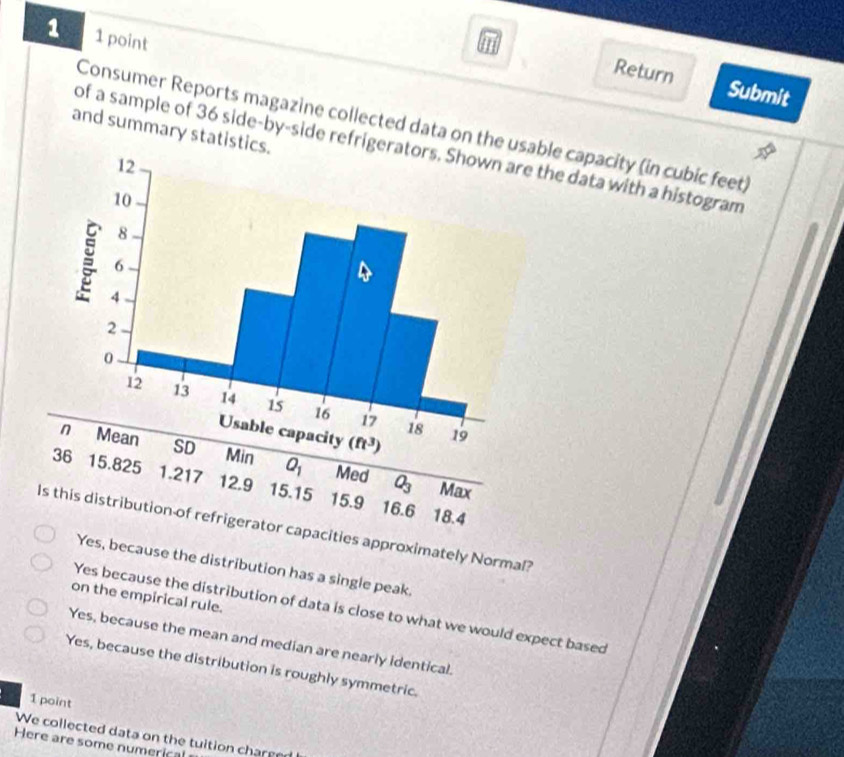 1 1 point
Gri
Return Submit
Consumer Reports magazine collected data on the able capacity (in cubic feet)
and summary statist
of a sample of 36 side-by-side refrige the data with a histogram
O_3 Max
12.9 15.15 15.9
16.6 18.4
Is this distribution of refrigerator capacities approximately Normal?
Yes, because the distribution has a single peak.
on the empirical rule.
Yes because the distribution of data is close to what we would expect based
Yes, because the mean and median are nearly identical.
Yes, because the distribution is roughly symmetric.
1 point
We collected data on the tuition charged
Here are some numerical