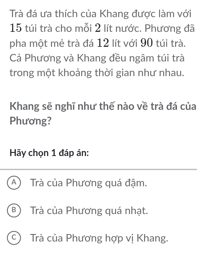 Trà đá ưa thích của Khang được làm với
15 túi trà cho mỗi 2 lít nước. Phương đã
pha một mẻ trà đá 12 lít với 90 túi trà.
Cả Phương và Khang đều ngâm túi trà
trong một khoảng thời gian như nhau.
Khang sẽ nghĩ như thế nào về trà đá của
Phương?
Hãy chọn 1 đáp án:
A) Trà của Phương quá đậm.
B) Trà của Phương quá nhạt.
C ) Trà của Phương hợp vị Khang.