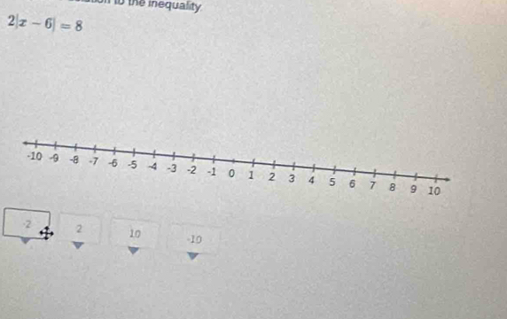 on to the inequality.
2|x-6|=8
-2 2 10
-10