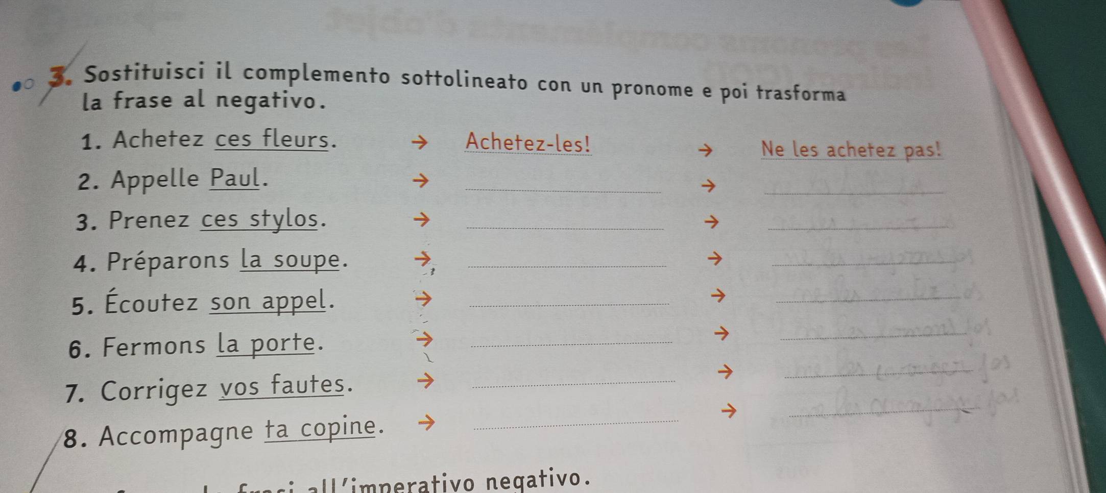 Sostituisci il complemento sottolineato con un pronome e poi trasforma 
la frase al negativo. 
1. Achetez ces fleurs. Achetez-les! Ne les achetez pas! 
2. Appelle Paul. 
_ 
_ 
3. Prenez ces stylos._ 
_ 
4. Préparons la soupe._ 
_ 
5. Écoutez son appel._ 
_ 
_ 
_ 
6. Fermons la porte._ 
_ 
7. Corrigez vos fautes._ 
8. Accompagne ta copine. 
_ 
allíimperativo negativo.