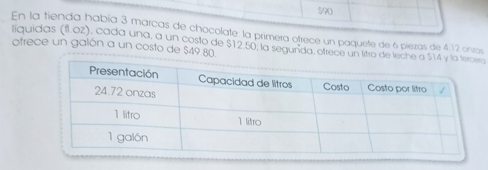 $90
En la tienda había 3 marcas de chocolate: la primera ofrece un paquete de 6 piezas de 4 12 onzas 
líquidas (fl.oz), cada una, a un costo de $12.50; la segunda, ofrece un litro de leche a 
ofrece un galón a un costo de $49 80.