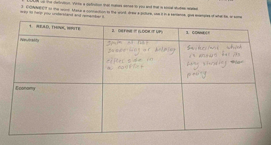 LUOK up the definition. Write a definition that makes sense to you and that is social studies related. 
3 CONNECT to the word. Make a connection to the word: draw a picture, use it in a sentence, give examples of what itis, or some 
way to help you understand and remember it.