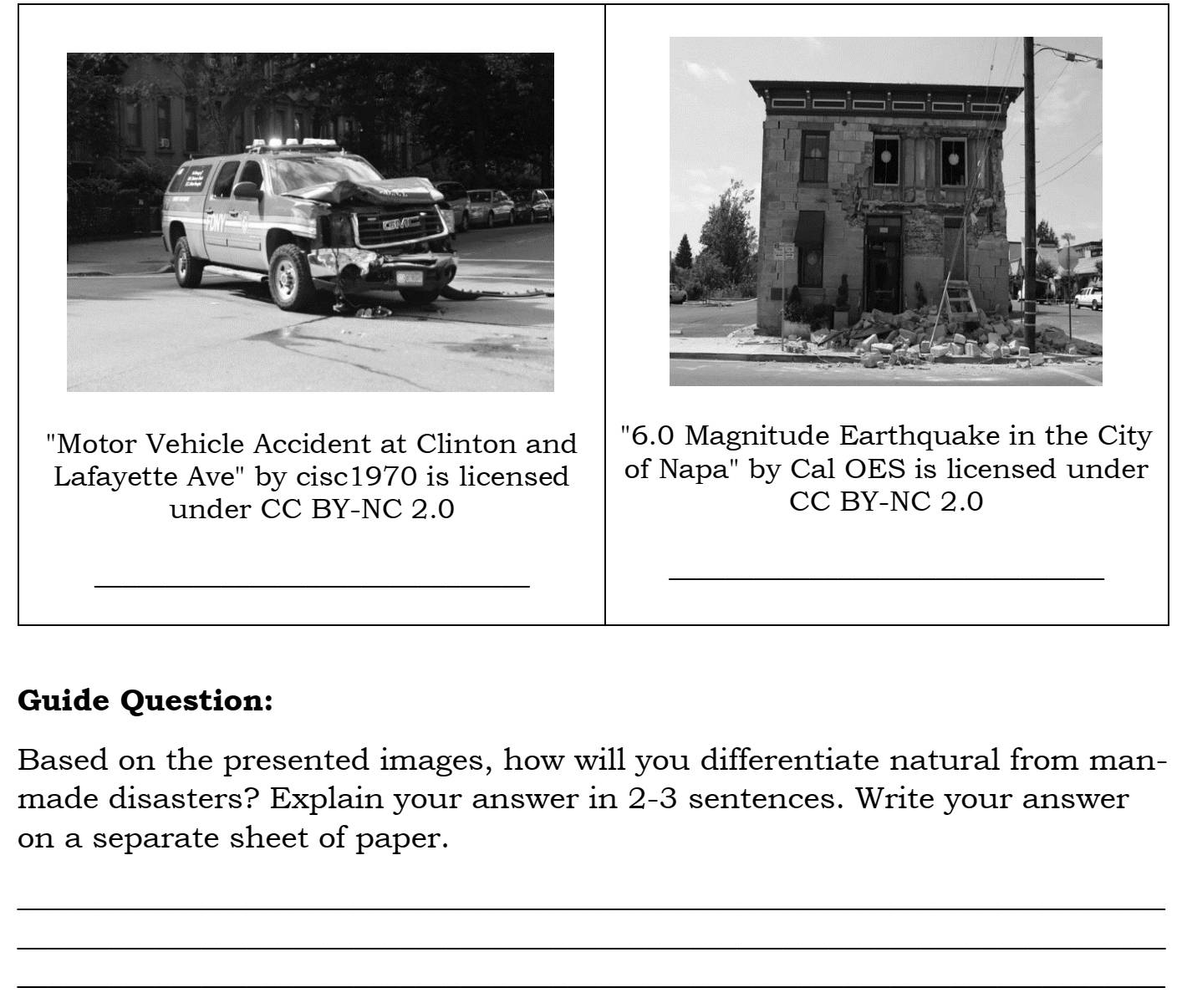 "Motor Vehicle Accident at Clinton and "6.0 Magnitude Earthquake in the City 
Lafayette Ave" by cisc1970 is licensed of Napa" by Cal OES is licensed under 
under CC BY-NC 2.0 CC BY-NC 2.0
_ 
_ 
Guide Question: 
Based on the presented images, how will you differentiate natural from man- 
made disasters? Explain your answer in 2-3 sentences. Write your answer 
on a separate sheet of paper. 
_ 
_ 
_