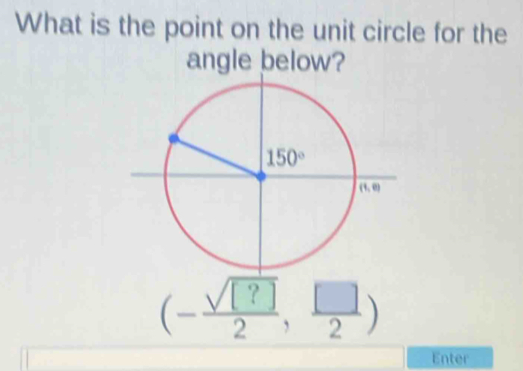 What is the point on the unit circle for the
angle below?
(- sqrt([?])/2 , □ /2 )
Enter