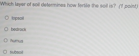 Which layer of soil determines how fertile the soil is? (1 point)
topsoil
bedrack
humus
subsoil