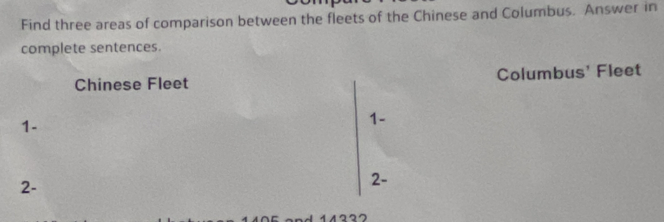 Find three areas of comparison between the fleets of the Chinese and Columbus. Answer in 
complete sentences. 
Chinese Fleet Columbus' Fleet
1 - 
1- 
2- 
2-