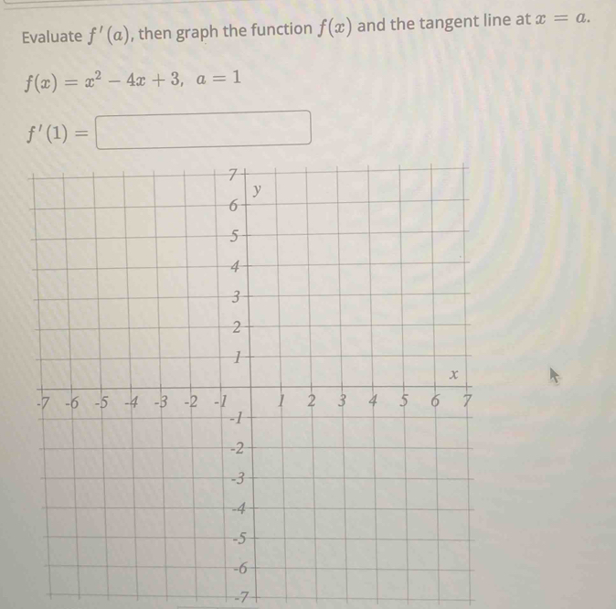 Evaluate f'(a) , then graph the function f(x) and the tangent line at x=a.
f(x)=x^2-4x+3, a=1
f'(1)=□
-7