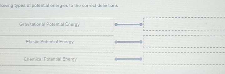 lowing types of potential energies to the correct definitions
Gravitational Potential Energy
Elastic Potential Energy
Chemical Potential Energy