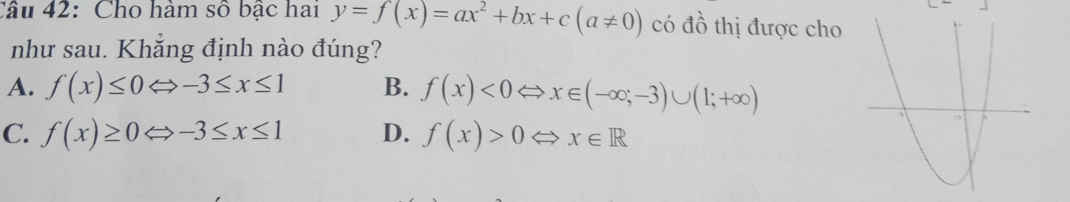 Cho hàm số bậc hai y=f(x)=ax^2+bx+c(a!= 0) có đồ thị được cho
như sau. Khẳng định nào đúng?
A. f(x)≤ 0Leftrightarrow -3≤ x≤ 1 B. f(x)<0Leftrightarrow x∈ (-∈fty ;-3)∪ (1;+∈fty )
C. f(x)≥ 0Leftrightarrow -3≤ x≤ 1 D. f(x)>0Leftrightarrow x∈ R