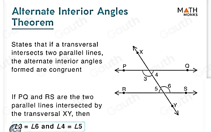 Alternate Interior Angles M▲TH 
MONKS 
Theorem 
States that if a transversal 
intersects two parallel lines, 
the alternate interior angles 
formed are congruent 
If PQ and RS are the two 
parallel lines intersected by 
the transversal XY, then
Z.3=∠ 6 and ∠ 4=∠ 5