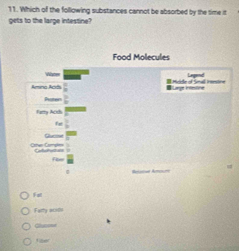 Which of the following substances cannot be absorbed by the time it
gets to the large intestine?
Food Molecules
Water Legend
Mdde of Small Inesire
Amino Acds Large Intestine
Pen
Farry Acds
Fat
Gacase
Othern Comples
Calchectate
Fibe
Fst
Farty acids
Camome
Fiet