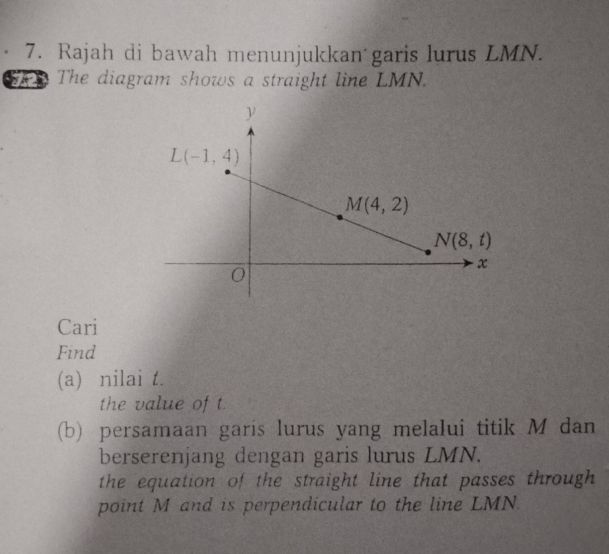 Rajah di bawah menunjukkan garis lurus LMN.
72 The diagram shows a straight line LMN.
Cari
Find
(a) nilai t.
the value of t.
(b) persamaan garis lurus yang melalui titik M dan
berserenjang dengan garis lurus LMN.
the equation of the straight line that passes through
point M and is perpendicular to the line LMN.