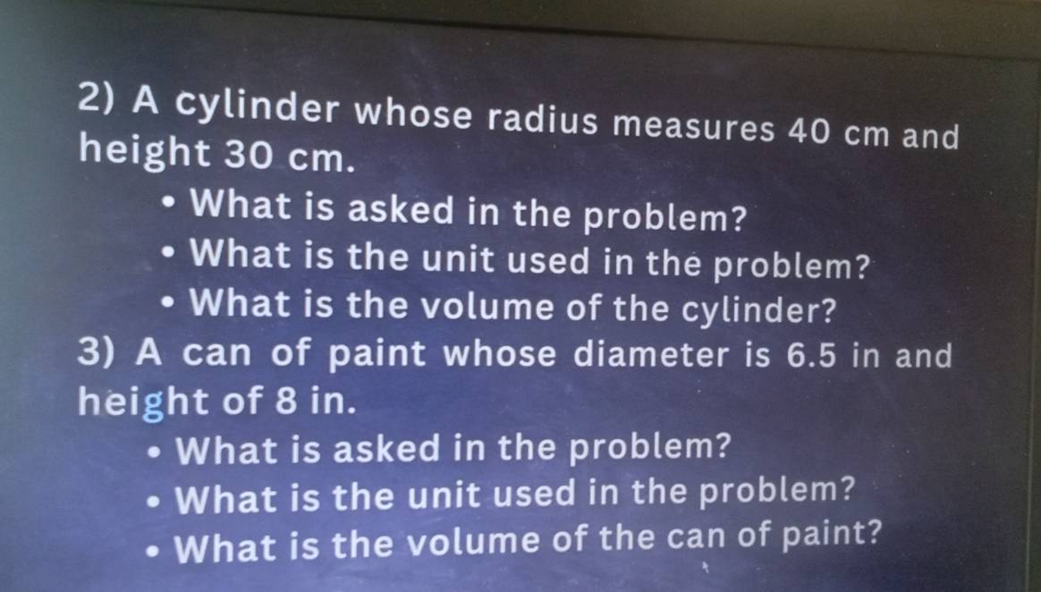 Solved: A cylinder whose radius measures 40 cm and height 30 cm. What ...