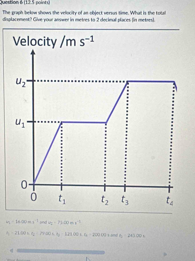 The graph below shows the velocity of an object versus time. What is the total
displacement? Give your answer in metres to 2 decimal places (in metres).
Velocity /ms^(-1)
u_2·
u_1
0
0 t_1
t_2 t_3
t_4
u_1=16.00ms^(-1) and u_2=75.00ms^(-1)
t_1=21.00s. t_2=79.00s. t_3=121.00s. t_4=200.00 s and r_5=245.00s